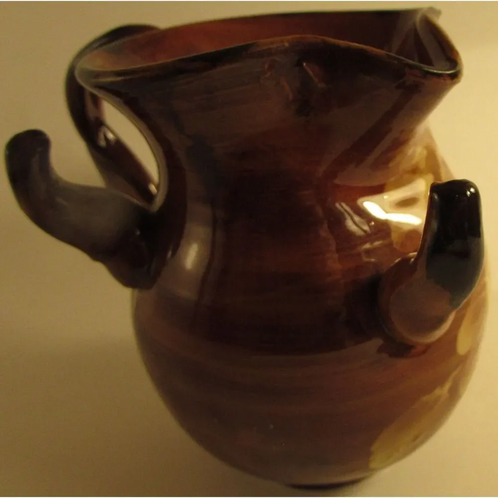 Studio Pottery Creamer brown glazed with flowers artist signed braided handle